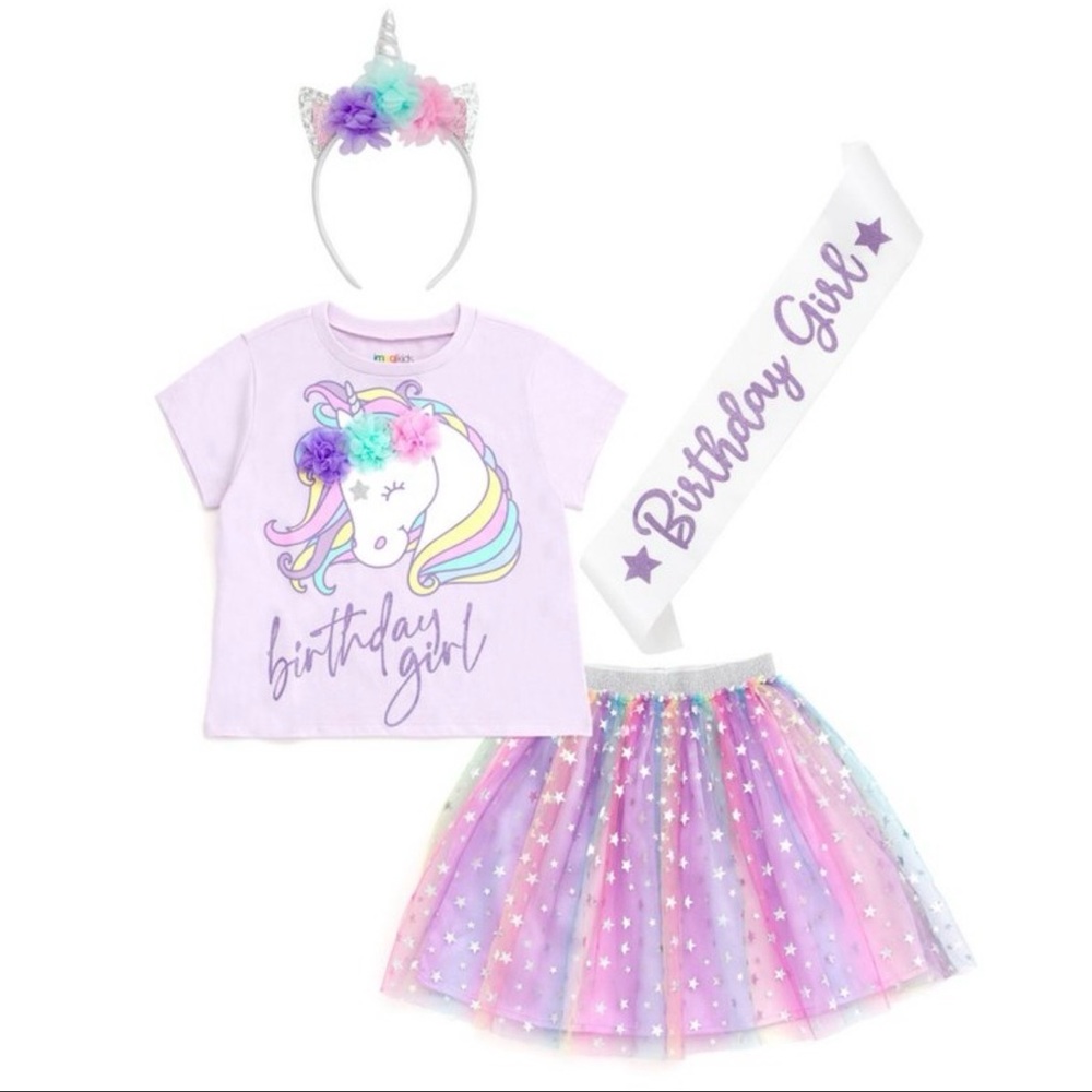 Girls 4T Unicorn Birthday Girl Outfit with Headband and Sash purple NWT